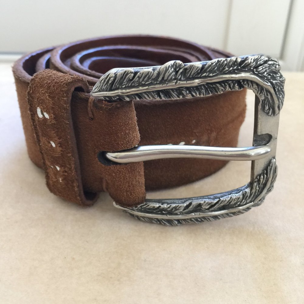 JOHN VARVATOS Mens ITALY Suede Leather Belt Silver Buckle Brown Sz 40 $248 NEW